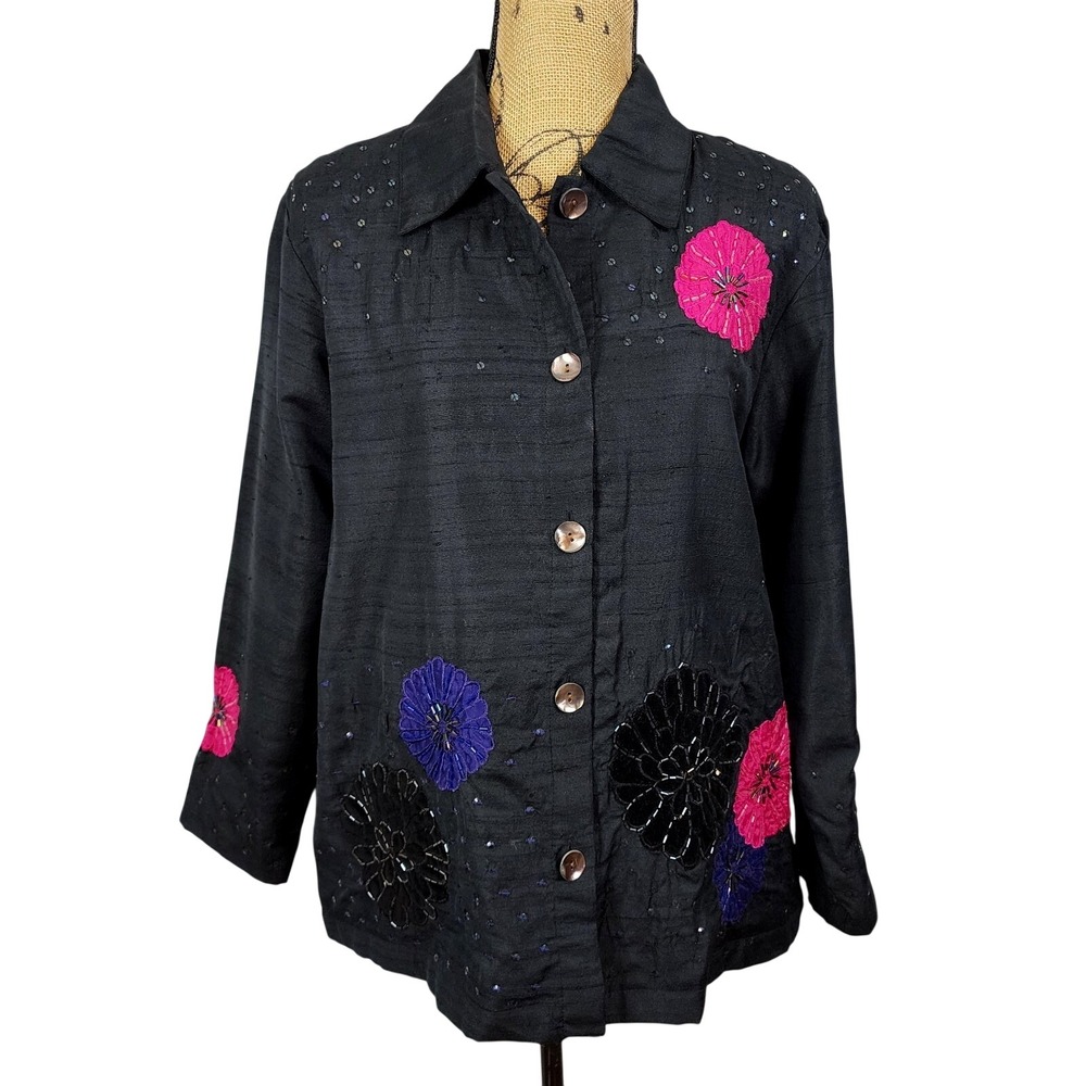 CHOICES Size Large Slubbed Silk Blend Velvet Floral Applique Lined Shacket Top